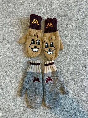 University of Minnesota Mascot Mittens and Maroon-Trim Gray Mittens